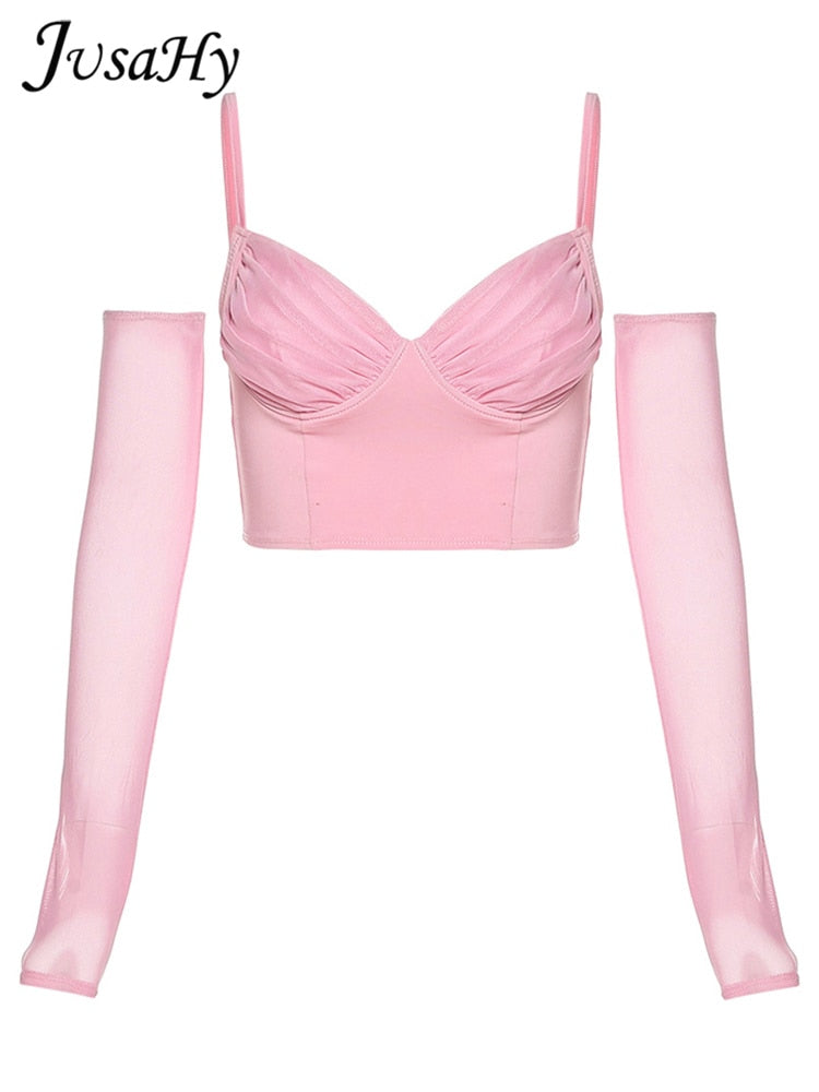 Pink Crop Top with Arm Gloves