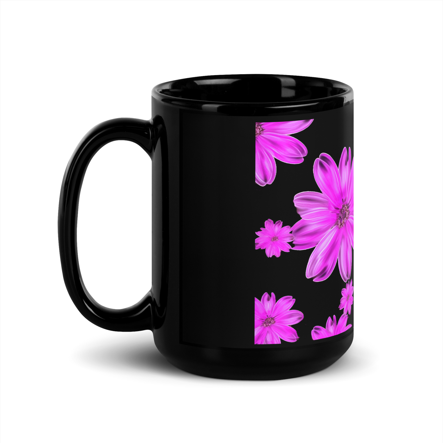 Black Glossy Mug With Flower Print