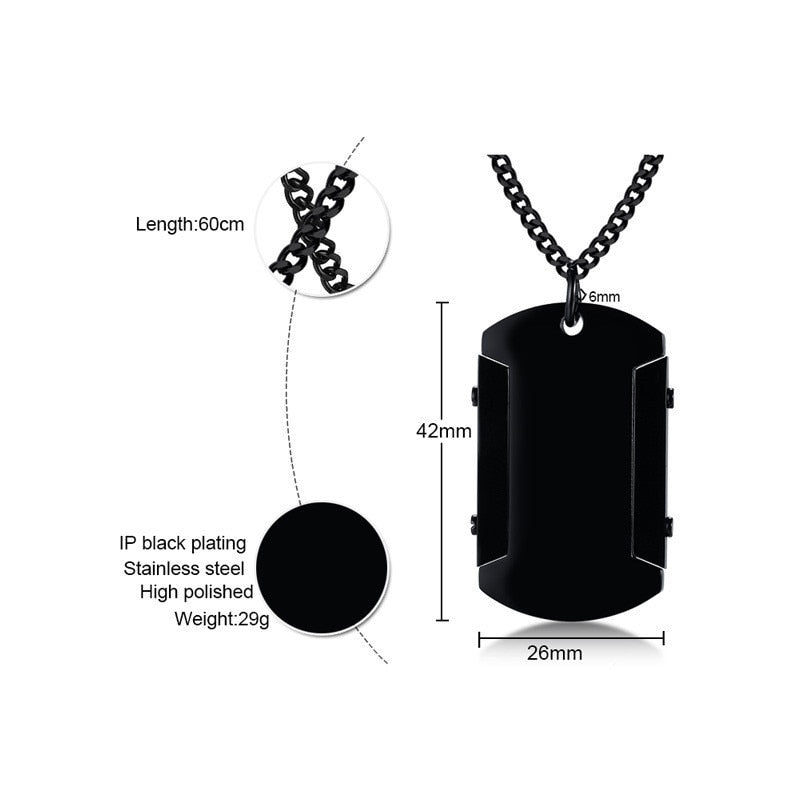 High Polished Black Stainless Steel Thick Dog Tag for Men Necklace